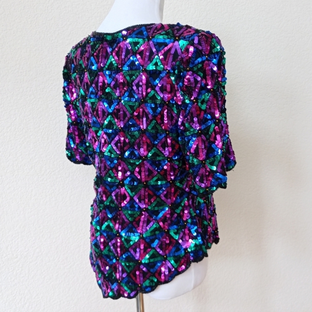 Lawrence Kazar vintage silk sequin top with a scalloped hem - Picture 7 of 9